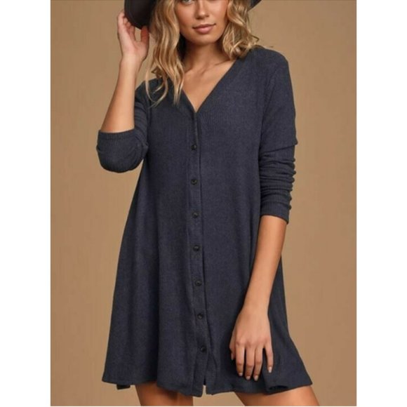 Lulus Dresses & Skirts - LULUS NEW Sweet Comfort Long Sleeve Swing Sweater Dress Heather Navy Med…